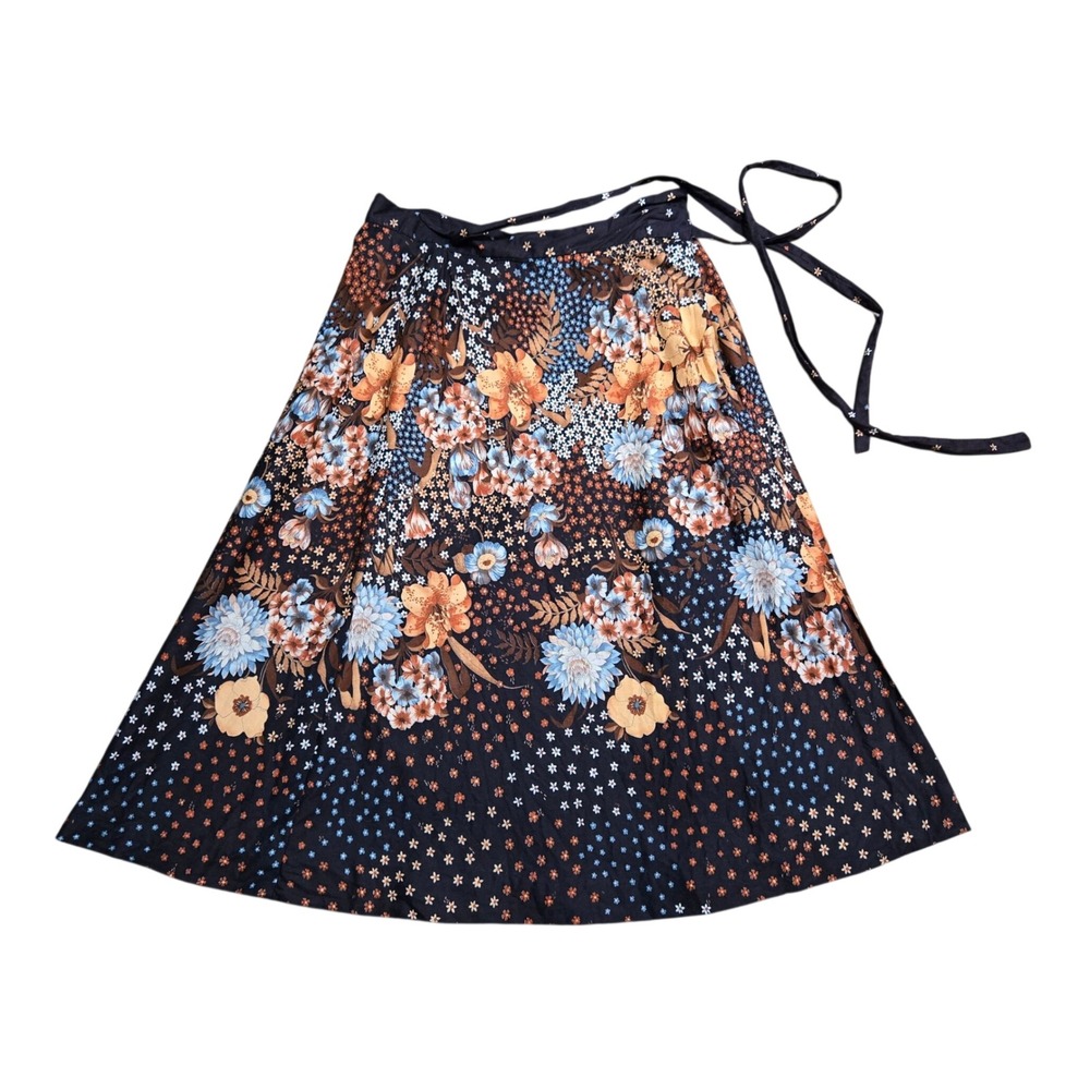 Floral Wrap Midi Skirt Navy Blue Orange Botanical Print Adjustable Tie Waist